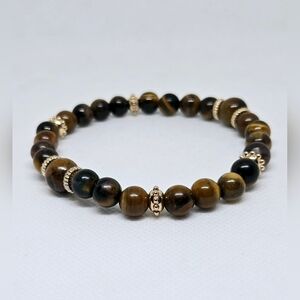 Genuine Tiger’s Eye Beaded Bracelet w/ Gold-Tone Spacers – Unisex 8mm